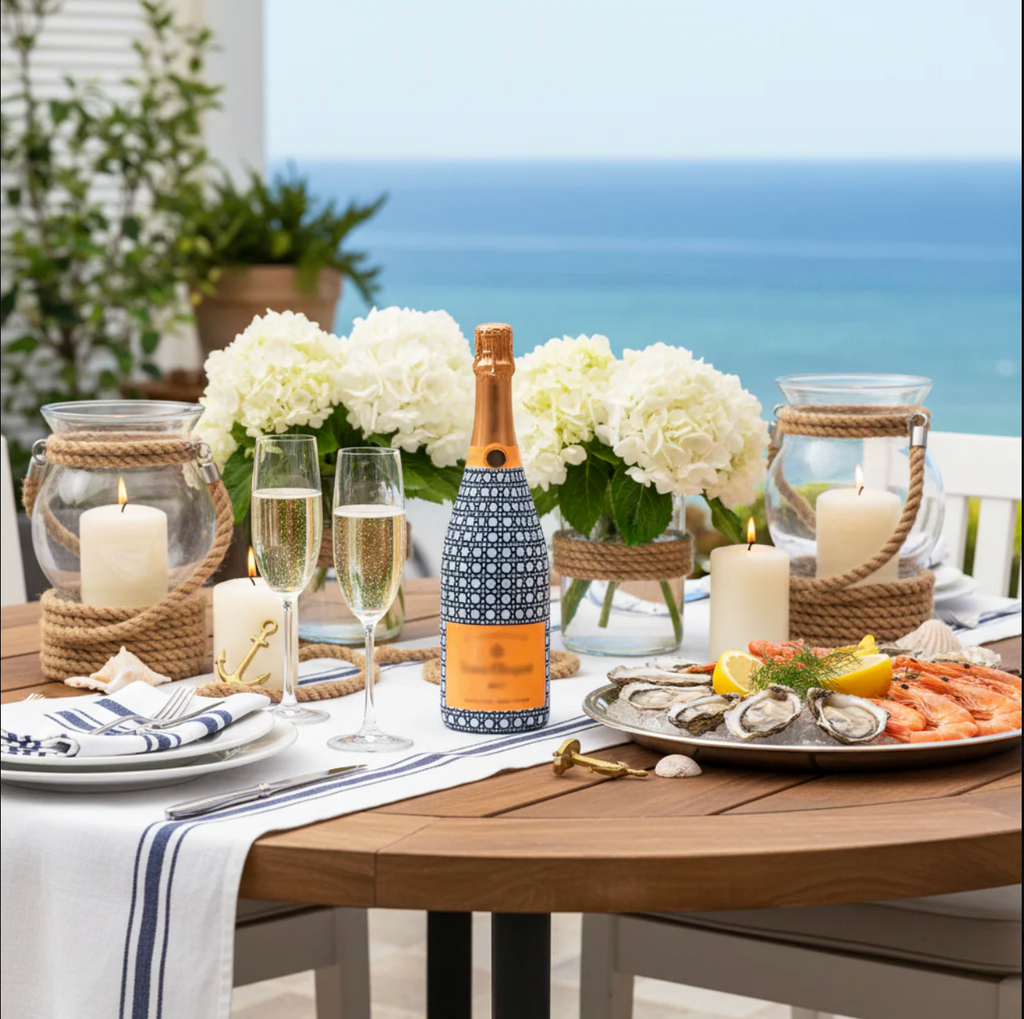 Navy & White Cane Bottle Wrap (Veuve)